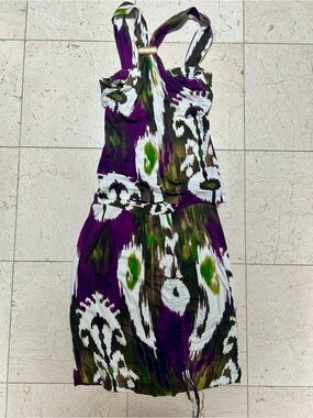 Open Shoulder Halter Purple Ikat Print Summer Top + Skirt Coord Set